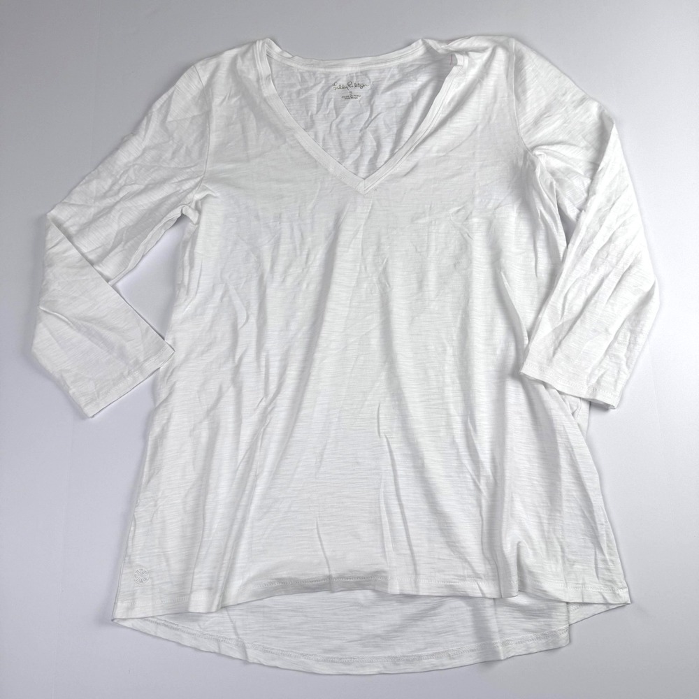 Lilly Pulitzer Shirt Womens Small White V Neck 3/4 Sleeve Slub Tunic Tee Top